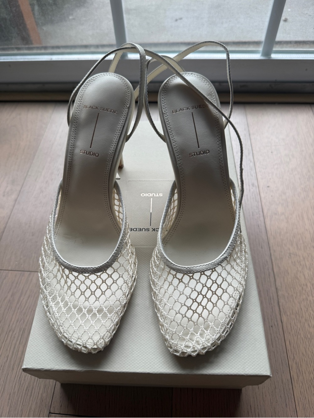 Black Suede Studio Women's Cream Mesh Slingback Heels